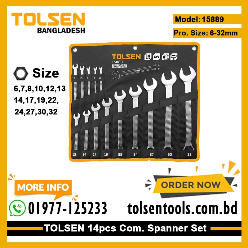 TOLSEN 15889 14Pcs Combination Spanner Set | Chrome Plated | Satin Finish | DIN3113 | Sizes 6-32mm | Model: 15889_img_1