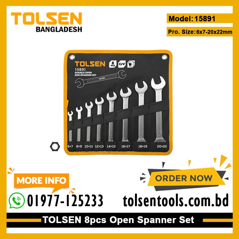 TOLSEN 15891 8Pcs Double Open End Spanner Set, Chrome Plated, Satin Finish, DIN3110 | Sizes 6×7 to 20×22mm | Model: 15891_img_1