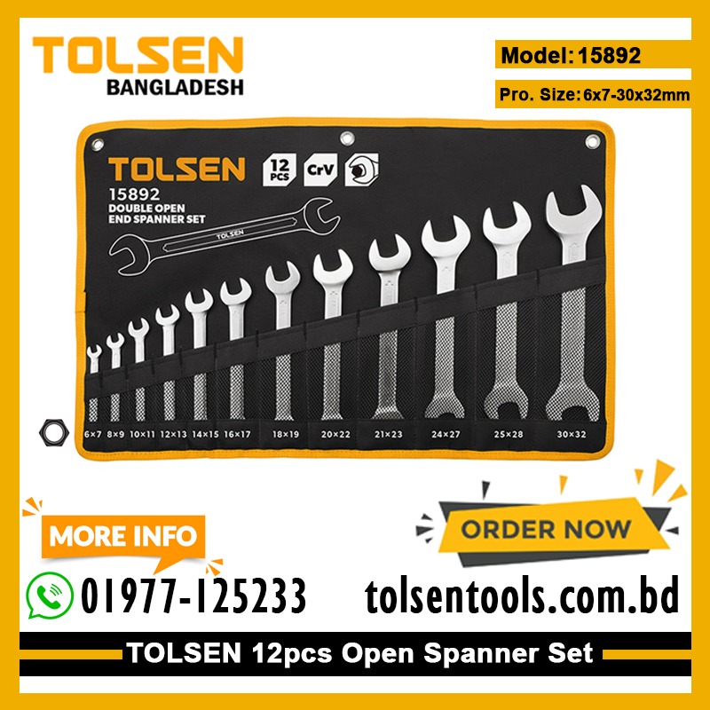 TOLSEN 15892 12Pcs Double Open End Spanner Set | Chrome Plated | Satin Finish | DIN3110 | Sizes 6×7 to 30×32mm | Model: 15892_img_1