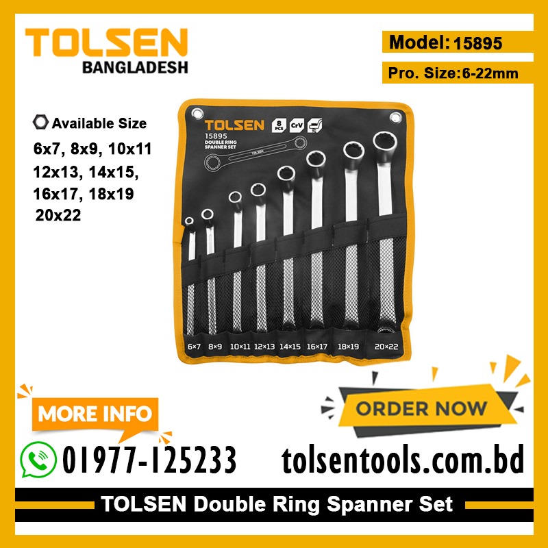 TOLSEN 15895 8Pcs Double Ring End Spanner Set | Chrome Plated | Satin Finish | DIN838 | Sizes 6×7 to 20×22mm | Model: 15895_img_1
