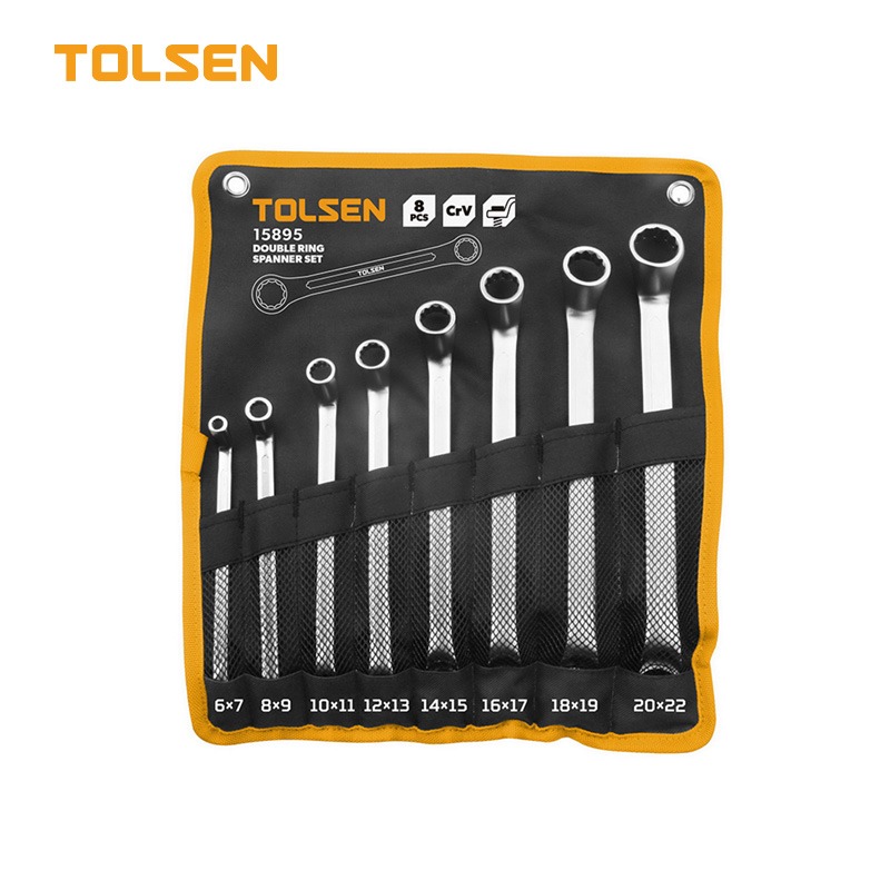TOLSEN 15895 8Pcs Double Ring End Spanner Set | Chrome Plated | Satin Finish | DIN838 | Sizes 6×7 to 20×22mm | Model: 15895