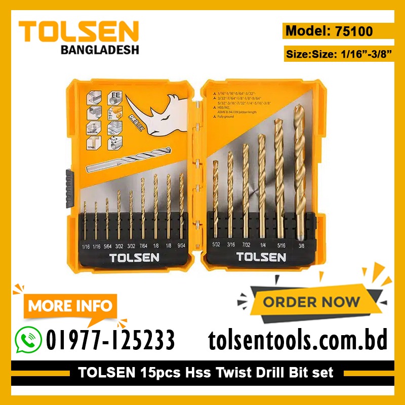 TOLSEN 75100 15pcs HSS M2 Fractional Jobber Length Drill Bits Set | 1/16" to 3/8" | 135° Split Point | Industrial Grade | Model: 75100_img_1
