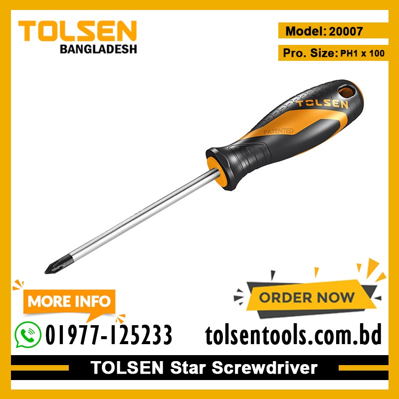 TOLSEN Star Screwdriver (Phillips), PH1×100mm & PH2×150mm, CrV Steel, Two-Component Grip, Magnetic Tip, Black Finish | Models: 20007 | 20008
