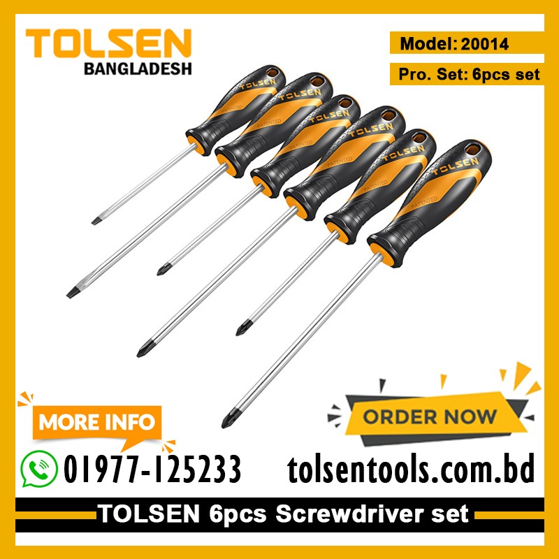 TOLSEN 20014 6Pcs Screwdriver Set | Anti-Slip Grip | Magnetized | Flat, Phillips & Pozidriv | CrV Steel | Two-Component Handle | Black Finish | Model: 20014_img_1
