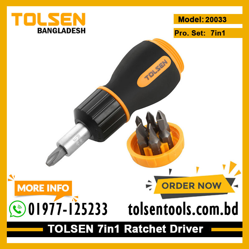 TOLSEN 20033 7-in-1 Ratchet Screwdriver, Phillips & Flat Bits, CrV Steel, Double Blister, Model: 20033_img_1