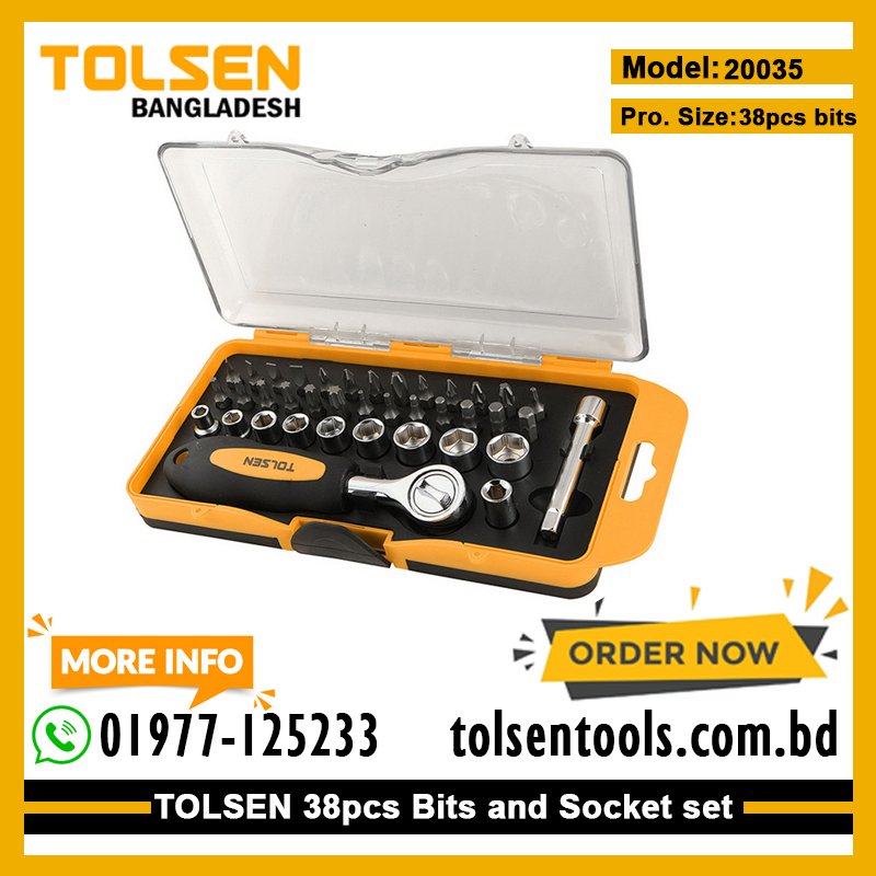TOLSEN 20035 38Pcs Bit & Ratchet Socket Set | 1/4" Drive | Cr-V Bits | TPR Handle | Plastic Case | Model: 20035_img_10