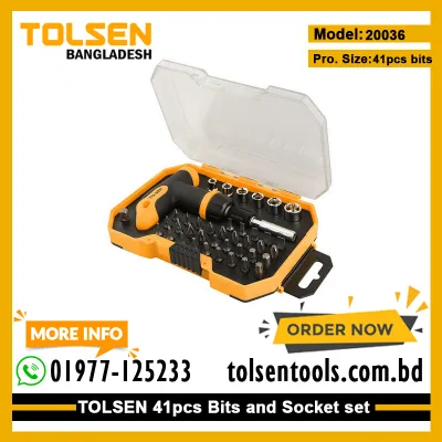 TOLSEN 20036 41Pcs Bit & Socket Set, 1/4" Drive, CrV Bits, T-Handle Ratchet, Plastic Case, Model: 20036_img_1