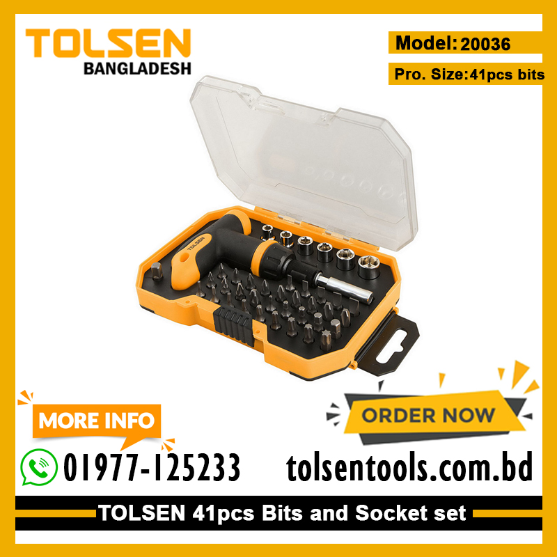 TOLSEN 20036 41Pcs Bit & Socket Set, 1/4" Drive, CrV Bits, T-Handle Ratchet, Plastic Case, Model: 20036_img_1