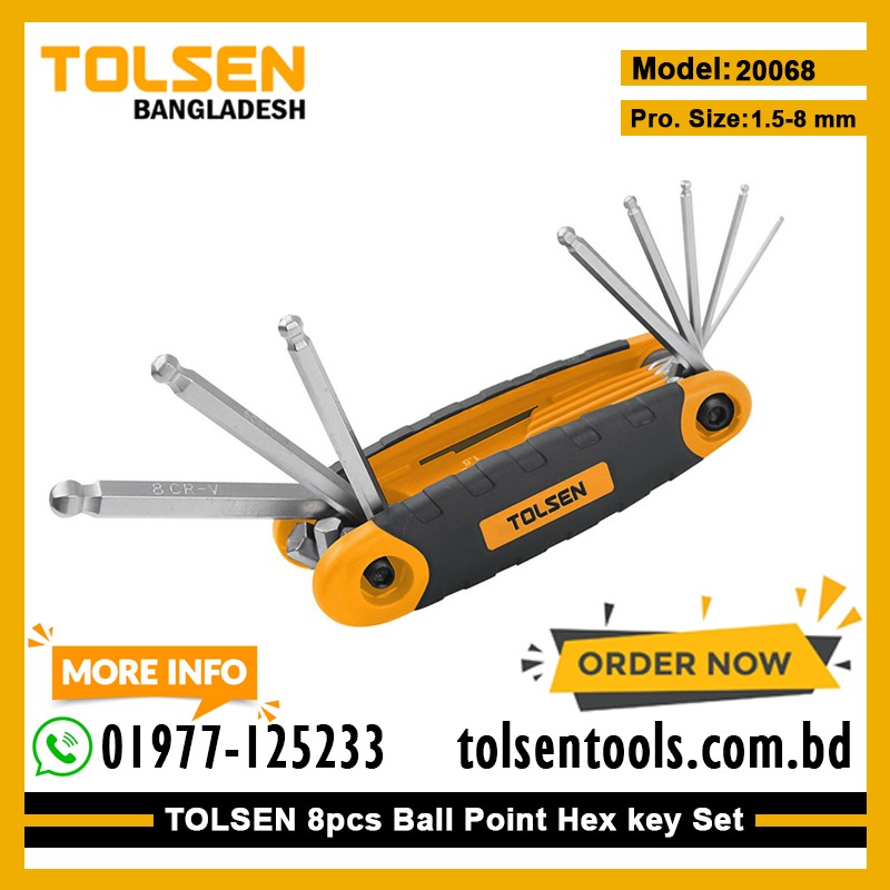 TOLSEN 20068 8Pcs Folding Ball Point Allen Hex Key Set, CrV Steel, Heat Treated, Chrome Plated, Sizes 1.5-8mm | Model: 20068_img_1