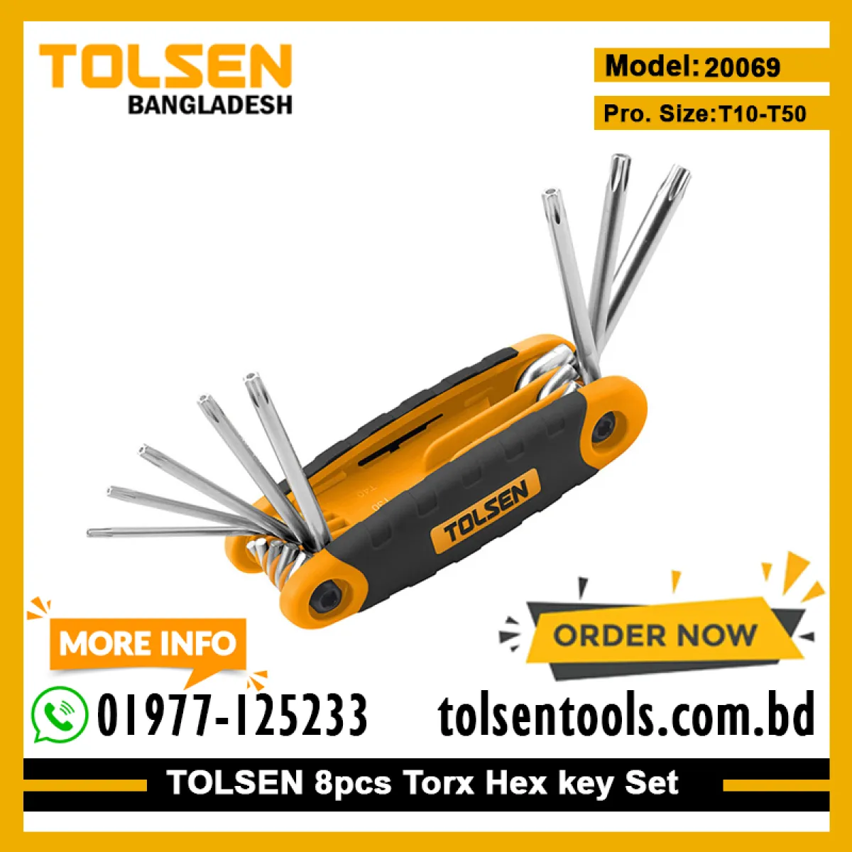 TOLSEN 20069 8Pcs Folding Torx Star Hex Key Set, CrV Steel, Heat Treated, Chrome Plated, Sizes T9–T40, Model: 20069