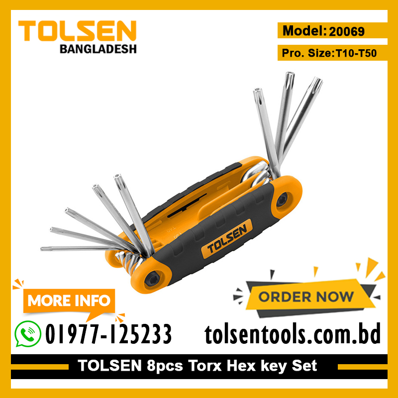 TOLSEN 20069 8Pcs Folding Torx Star Hex Key Set, CrV Steel, Heat Treated, Chrome Plated, Sizes T9–T40, Model: 20069