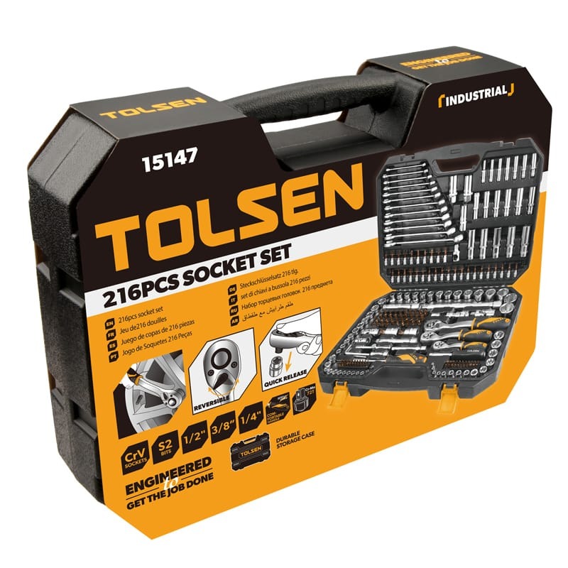 TOLSEN 15147 216PCS Tool Set | 1/4″ + 3/8″ + 1/2″ Drive | 72T Ratchets | Cr-V Sockets & Spanners | S2 Bits | Blow Mould Case | Model: 15147_img_8