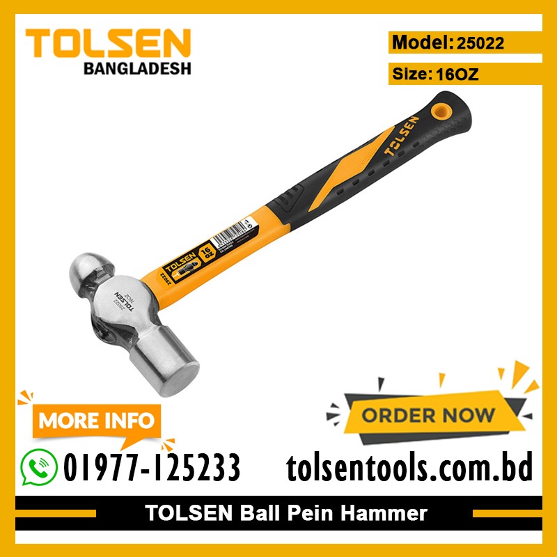 TOLSEN 25022 Ball Pein Hammer, 16oz (450g), Fiberglass Handle, Heat Treated, Ground Polished | Model: 25022_img_1