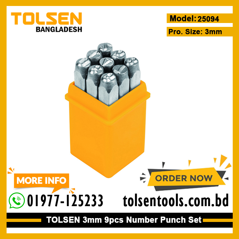 TOLSEN 25094 9Pcs Steel Number Punch Set | 3mm | Hardened Carbon Steel | Sandblasted Finish | Model: 25094_img_1