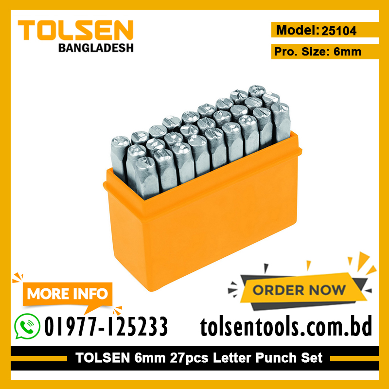 TOLSEN 25104 27Pcs Steel Letter Punch Stamp Set, 6mm, Hardened Carbon Steel | Sandblasted Finish | Model: 25104_img_1