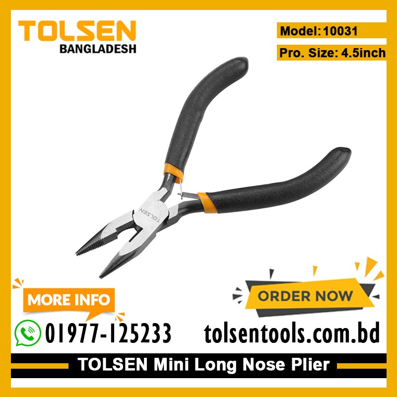 TOLSEN 10031 Mini Long Nose Pliers, 4.5" (115mm), Nickel Plated, Bi-Dipped Handle, Spring-Loaded | Model: 10031_img_1