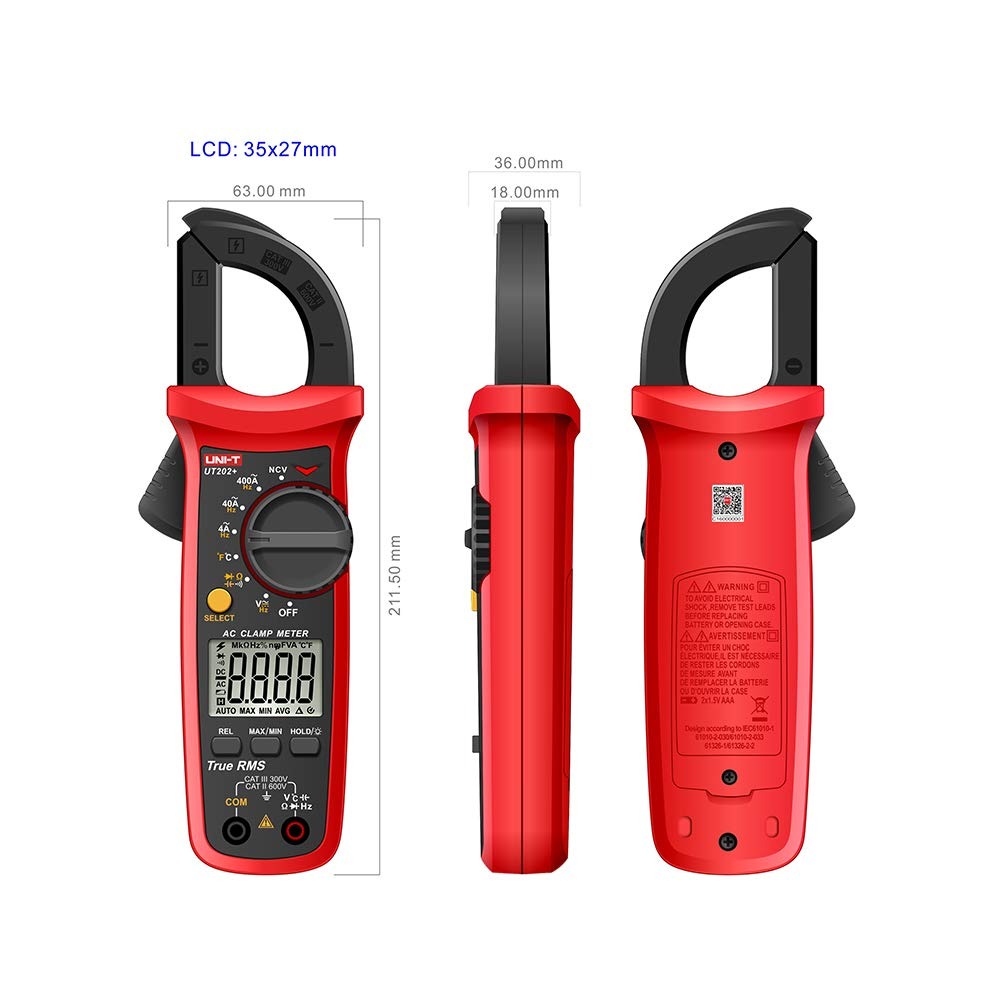 UNI-T UT202+ Digital Clamp Meter | 600A AC | True RMS | 4000 Counts | NCV | Temperature Measurement | CAT III 300V | Model: UT202+_img_2