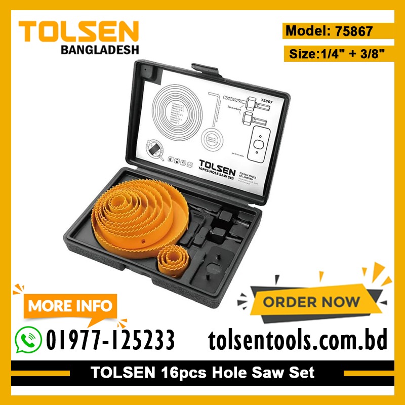 TOLSEN 75867 16Pcs Hole Saw Set Drill Bit Kits for Plywood Drywall Wood Plastic 75867_img_1