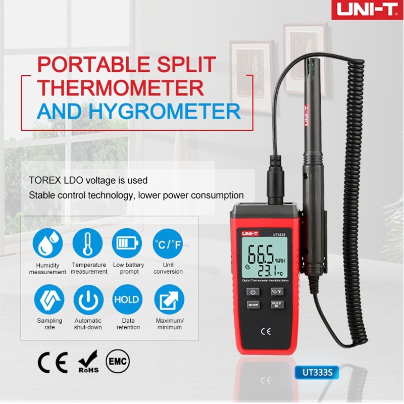 UNI-T UT333S Digital Temperature Humidity Meter | Split Type Design | Extendable Spring Cable | -10~60°C | 0~100%RH | Model: UT333S_img_1