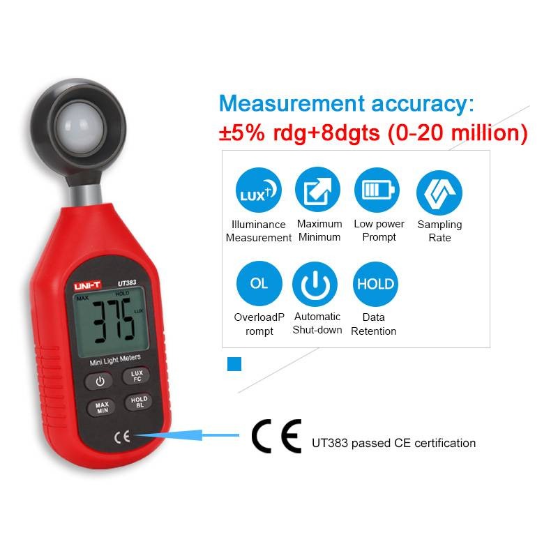 UNI-T UT383 | UT383BT Mini Light Meters, 0-199,900 Lux, 0-18,500 FC, MAX/MIN, Data Hold, Backlight; Model: UT383 | UT383BT_img_2