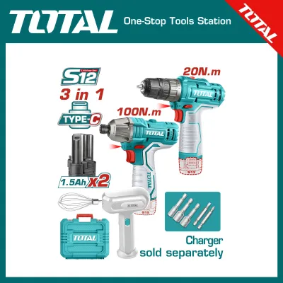 TOTAL TOSLI240205 Cordless 3 Pcs Combo Kit | 12V | Drill + Impact Driver + Hand Mixer | 2 × 1.5Ah USB-C Batteries | Model: TOSLI240205_img_1