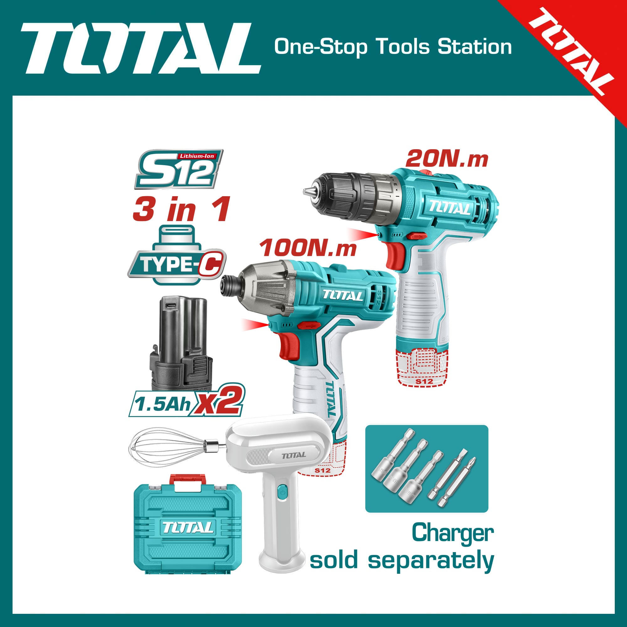 TOTAL TOSLI240205 Cordless 3 Pcs Combo Kit | 12V | Drill + Impact Driver + Hand Mixer | 2 × 1.5Ah USB-C Batteries | Model: TOSLI240205_img_1