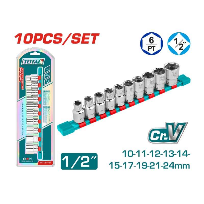 TOTAL THT121101 10 Pcs 1/2" Socket Set, Sizes 10-24mm, Industrial | Cr-V Steel, Heat Treated & Chrome Plated | Model: THT121101