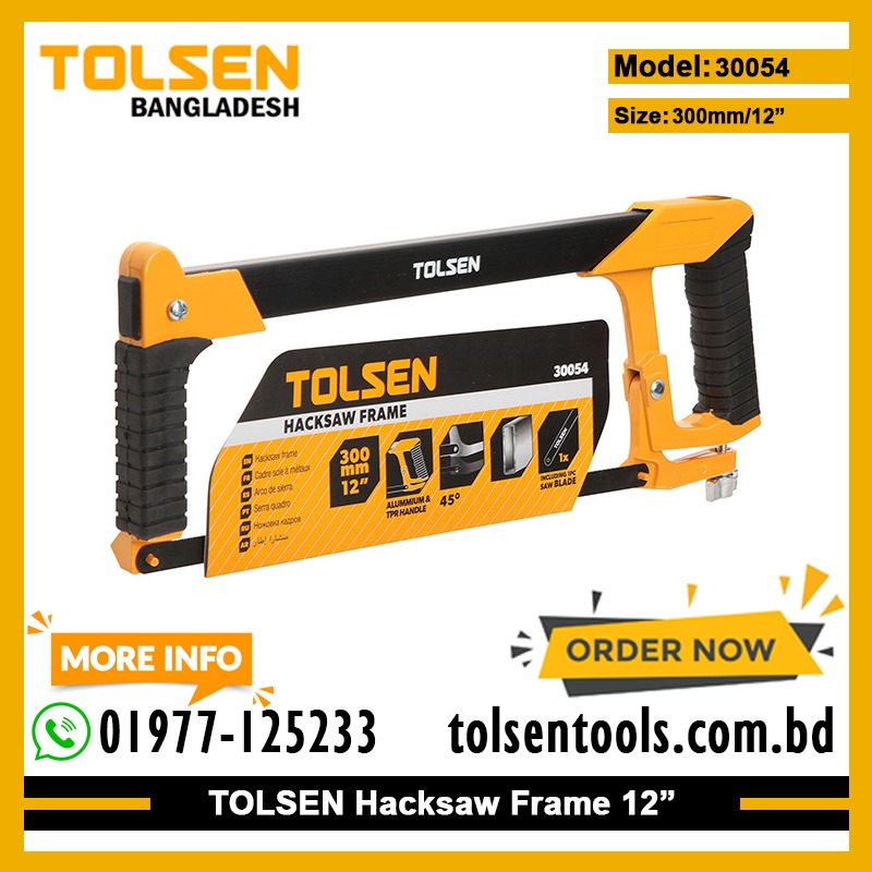 TOLSEN 30054 Hacksaw Frame | 12" (300mm) | Industrial | Square Lacquered Steel Tube | Aluminium & TPR Handle | Includes Saw Blade | Model: 30054_img_1