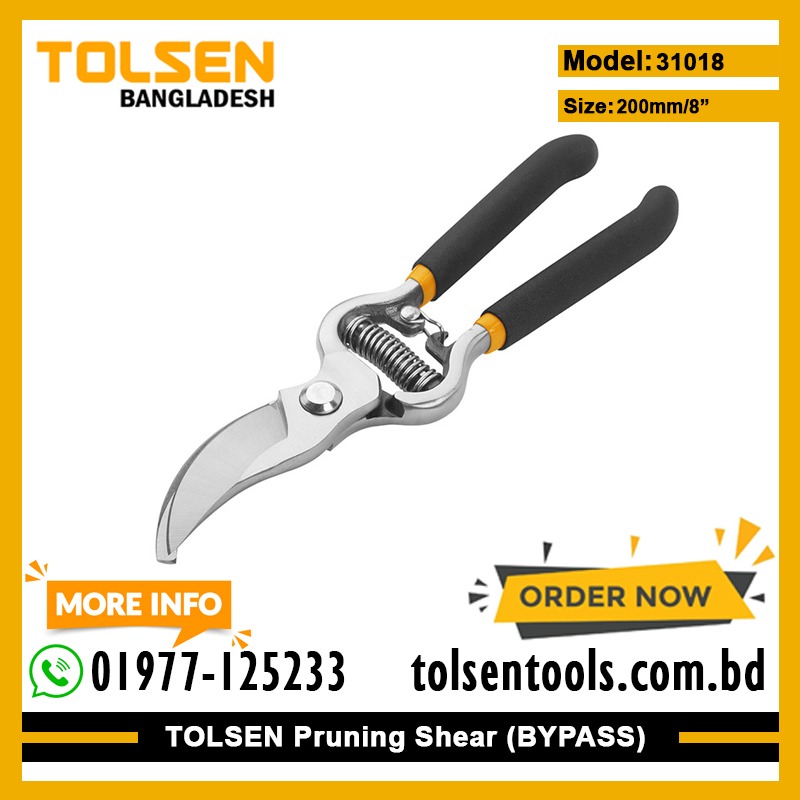 TOLSEN 31018 Garden Pruning Shear | 8" (200mm) | Bypass Pattern | Dipped Handle | Max Cutting 19mm | Model: 31018_img_1