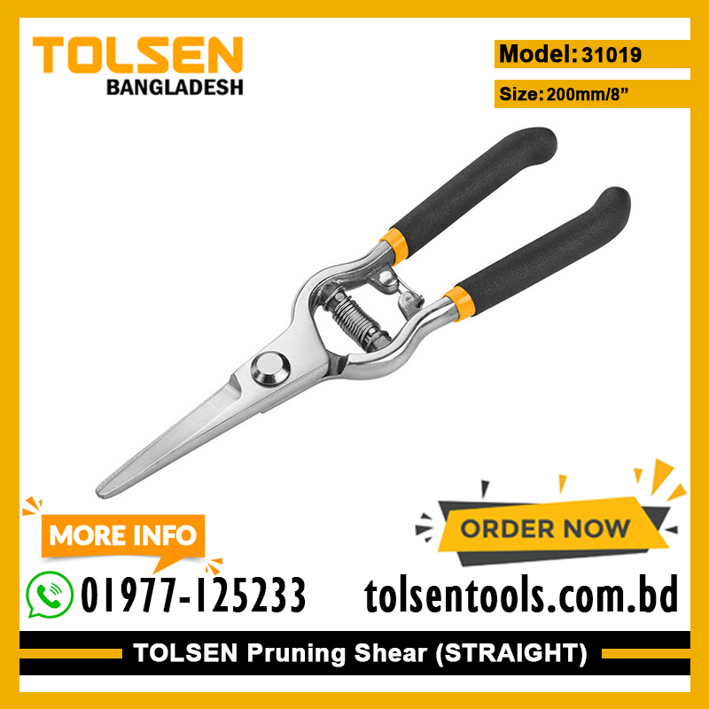 TOLSEN 31019 Straight Garden Pruning Shear | 8" (200mm) | Fine Polished | Dipped Handle | Model: 31019_img_1