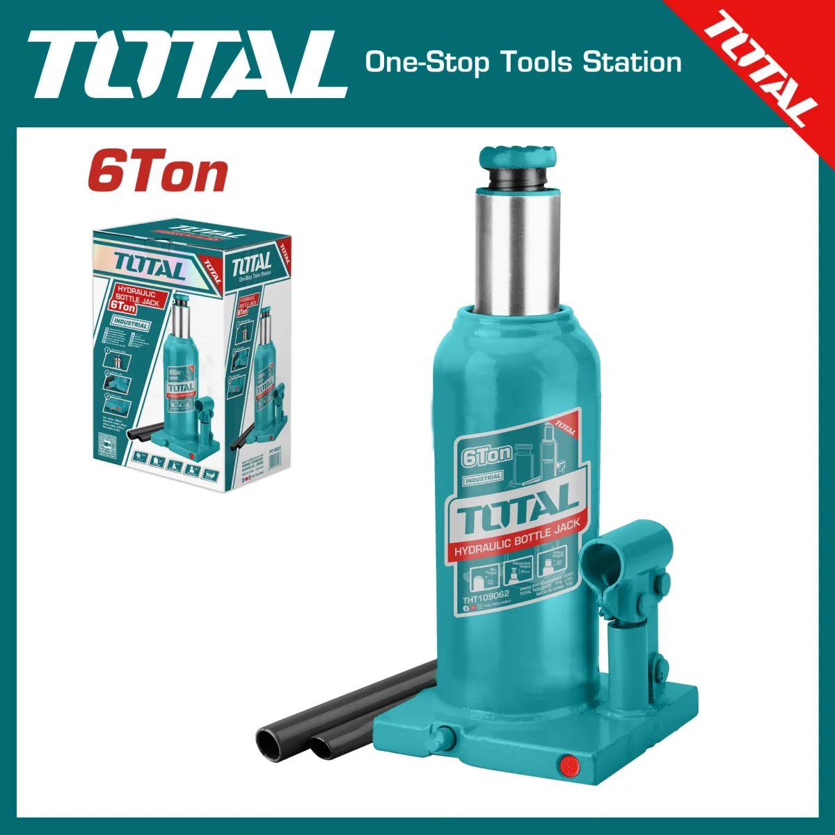 TOTAL THT109062 Hydraulic Bottle Jack | 6 Ton Capacity | Industrial | Lifting Range 210-410mm | Model: THT109062