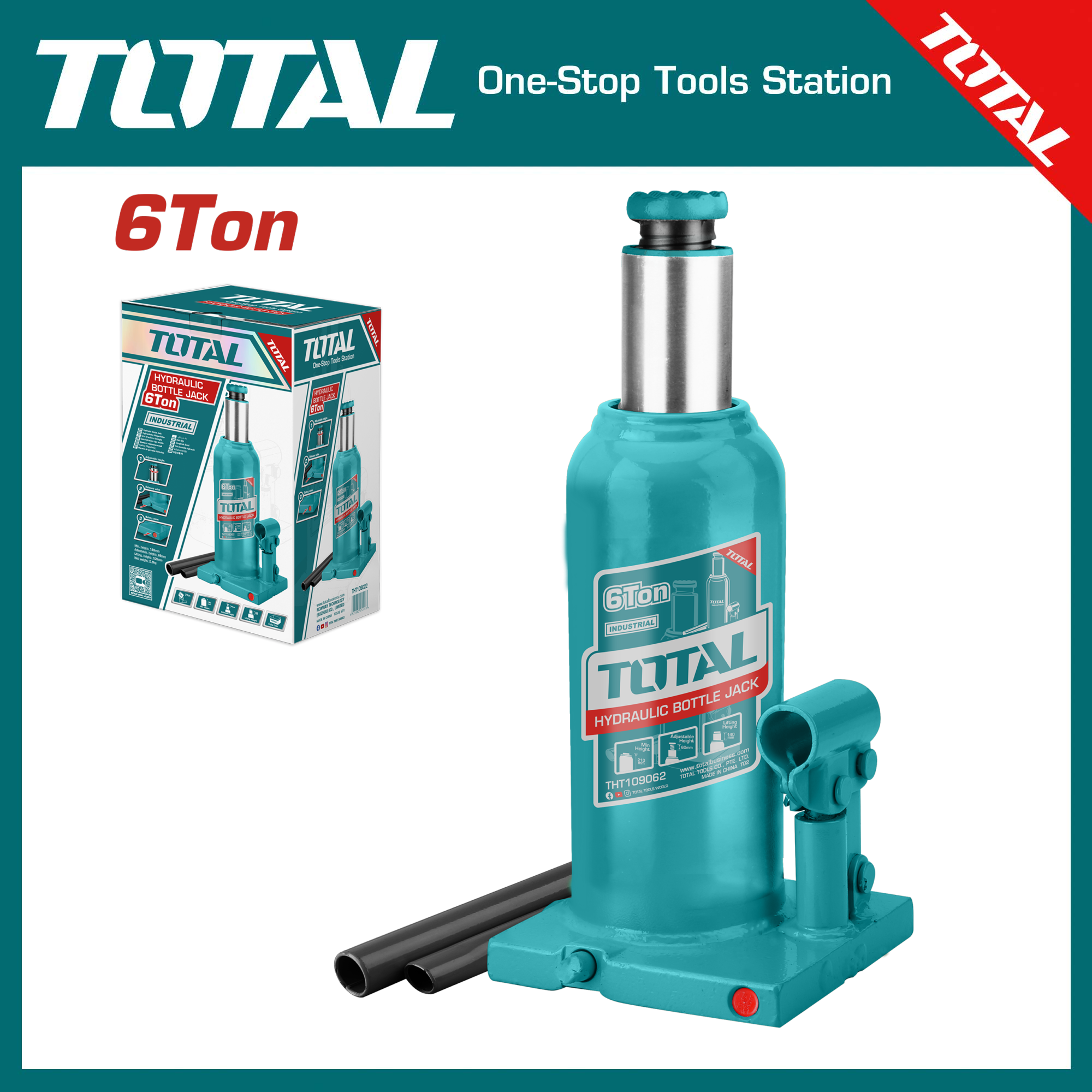 TOTAL THT109062 Hydraulic Bottle Jack | 6 Ton Capacity | Industrial | Lifting Range 210-410mm | Model: THT109062