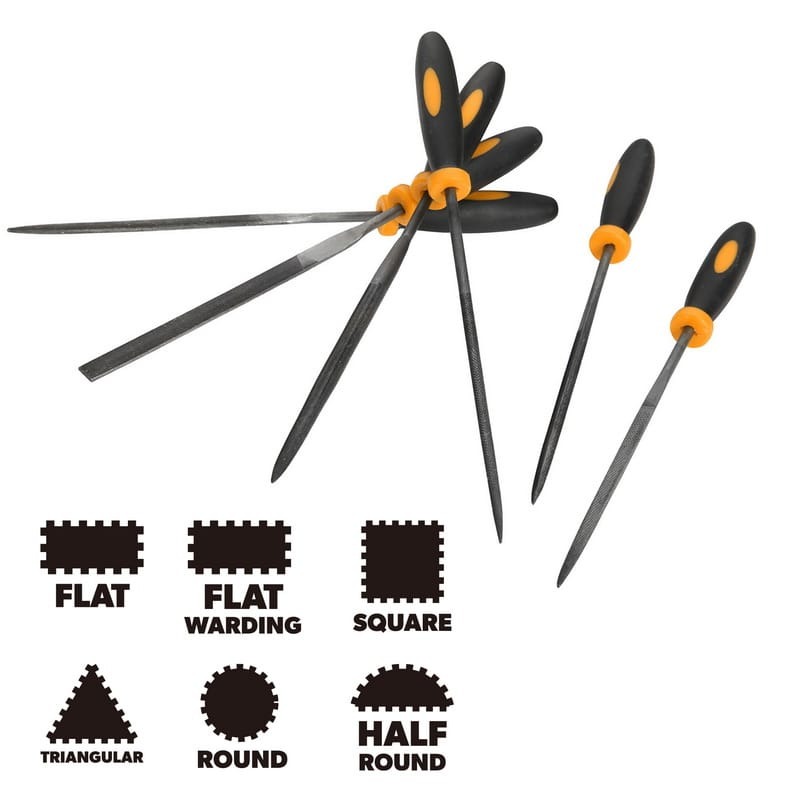 TOLSEN 32046 6 Pcs Needle Files Set | 3x100mm | Alloy Steel | TPR Handle | Flat, Warding, Square, Triangular, Round, Half Round | Model: 32046_img_1