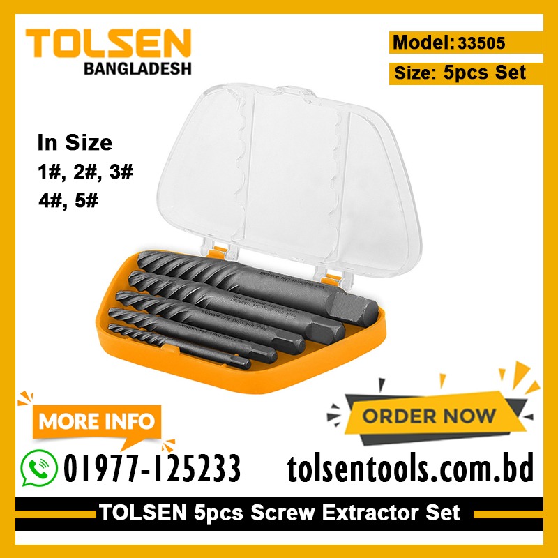 TOLSEN 33505 5Pcs Screw Extractor Set | Sizes 1# to 5# | High Quality Alloy Steel | Black Finish | Model: 33505_img_1