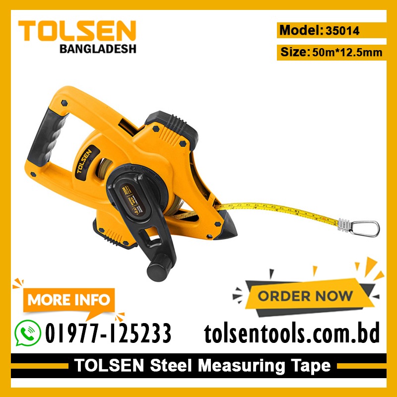 TOLSEN 35014 Steel Measuring Tape, 165ft (50m), Metric & Inch, 4:1 Fast Rewind, Ergonomic Handle | Model: 35014_img_1