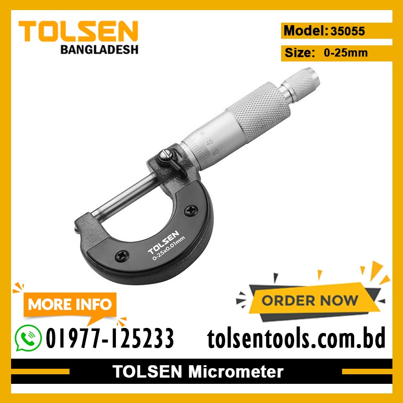 TOLSEN 35055 Micrometer, 0-25mm, Accuracy 0.01mm, Carbide Measuring Face, Chrome-Plated Frame, Ratchet Stop, Includes Case | Model: 35055_img_1