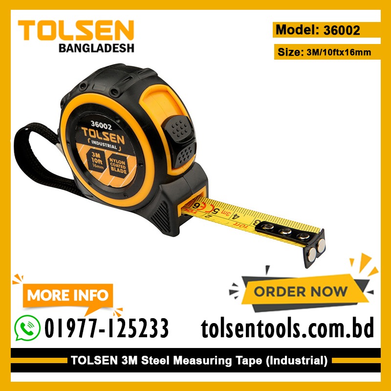 TOLSEN 36002 Measuring Tape, 3m (10ft), Metric & Inch, Magnetic Hook, ABS/TPR Case, Industrial | Model: 36002_img_1