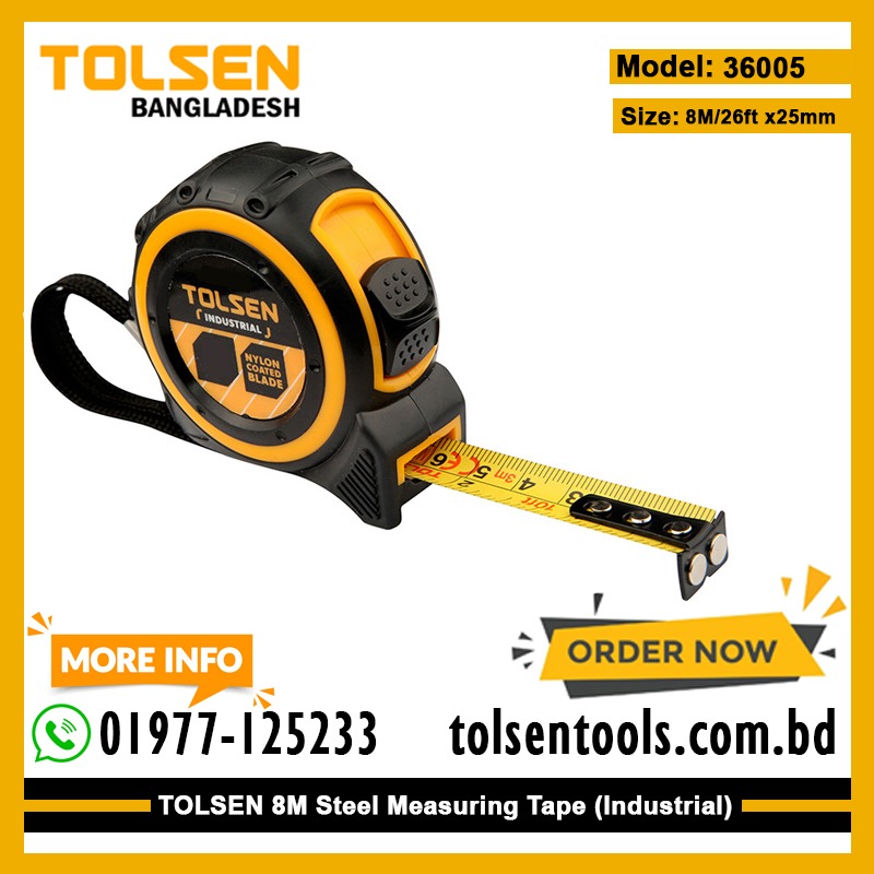 TOLSEN 36005 Measuring Tape, 8m (26ft), Metric & Inch, Magnetic Hook, ABS/TPR Case, Industrial | Model: 36005_img_1