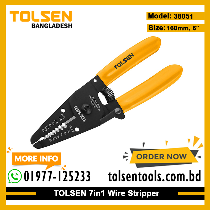 TOLSEN 38051 7-in-1 Wire Stripper | 6" (160mm) | 0.6-2.6mm | 10-22 AWG | Grip & Cutter | Model: 38051_img_1