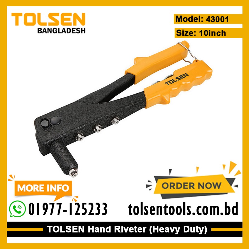 TOLSEN 43001 Hand Riveter, 10" (250mm), Hardened Steel Body, For Aluminium Rivets, Includes Nozzle Wrench | Model: 43001_img_1