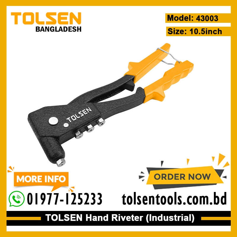 TOLSEN 43003 Hand Riveter, 10.5" (265mm), Aluminium Body, For Aluminium Rivets, Includes Nozzle Wrench | Model: 43003_img_1