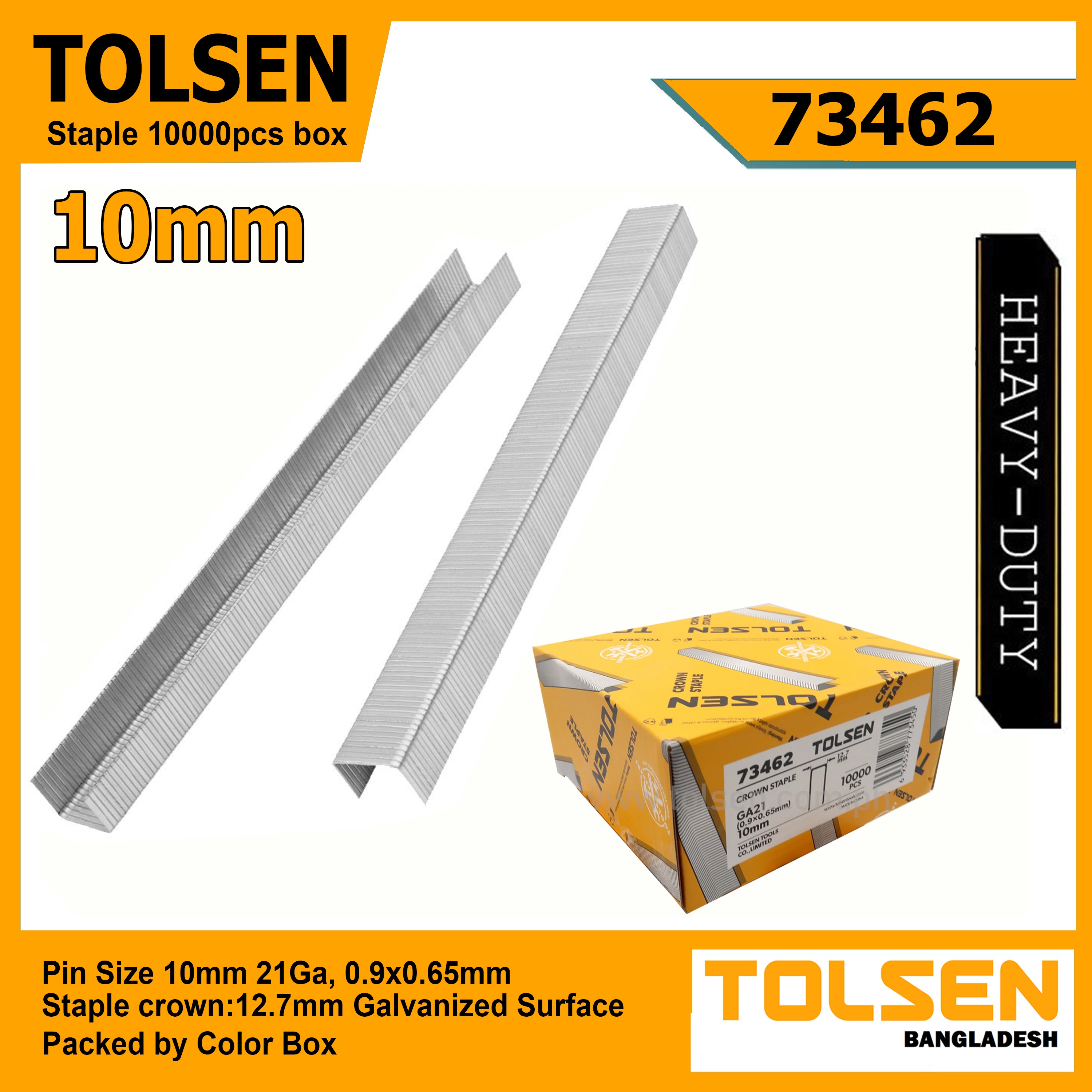 TOLSEN Crown Staple, 21GA, Galvanized, Sizes ( 10mm | 12mm | 14mm | 16mm); 10,000pcs per Box, Models: 73462 to 73465