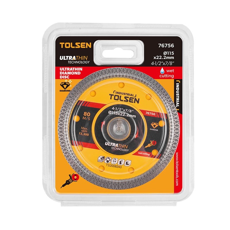 TOLSEN 76756 Ultrathin Diamond Disc (Industrial) | 115×22.2mm (4-1/2″×7/8″) | 1.2×8mm Blade | Ideal for Brick, Plaster, Tile | Max RPM 13,300 | Model: 76756_img_1