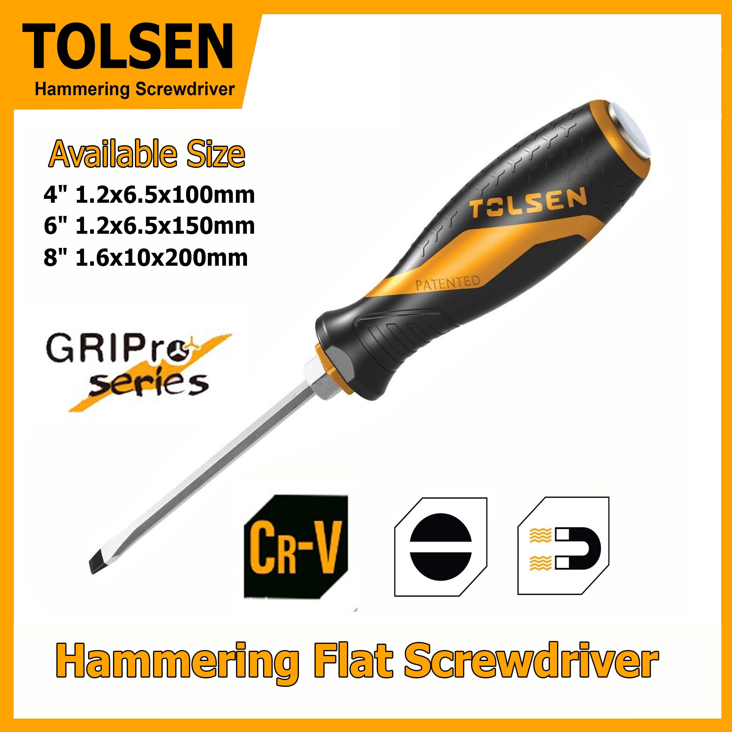 TOLSEN Hammering Screwdriver (Go-Through) Flat | Sizes 4", 6", 8" | Slotted | Cr-V Steel | Magnetic Tip |  Models: 20114 | 20115 | 20119