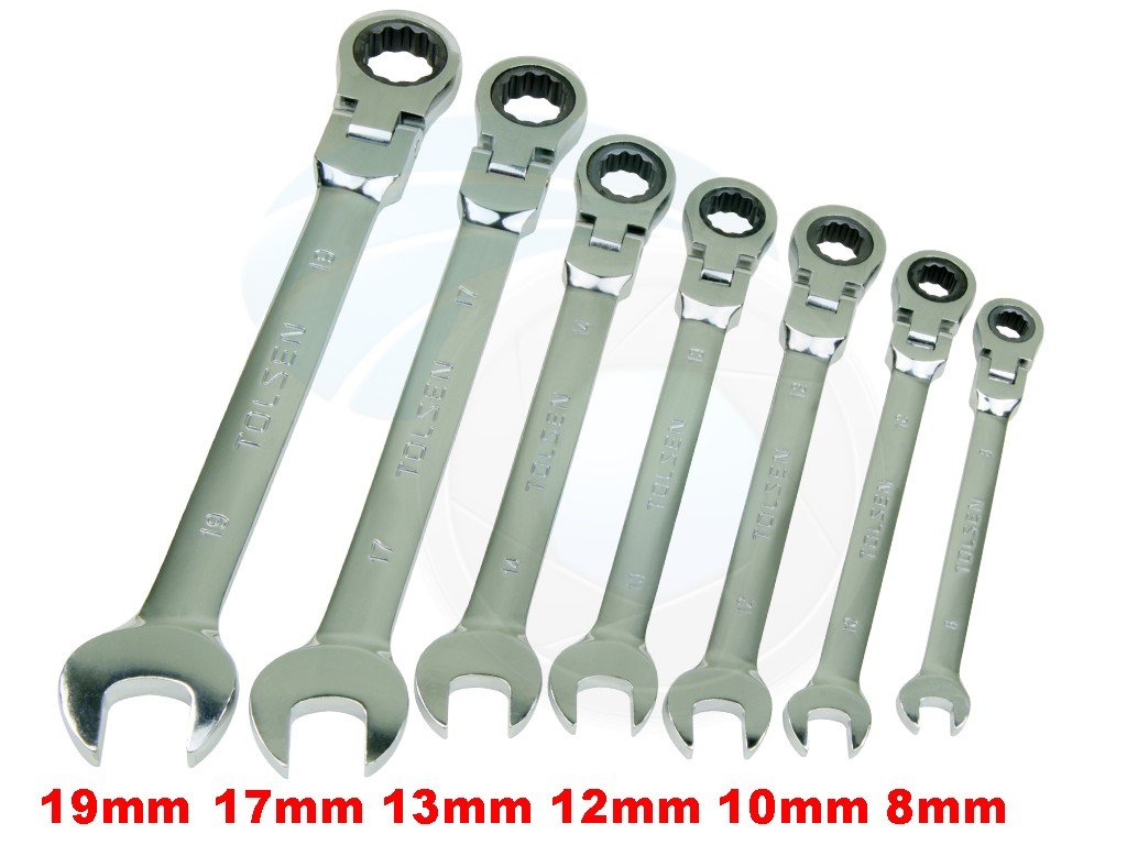 TOLSEN 15259 7Pcs Flexible Head Combination Ratchet Spanner Set | Chrome Plated | Satin Finish | Sizes 8–19mm | Model: 15259_img_3