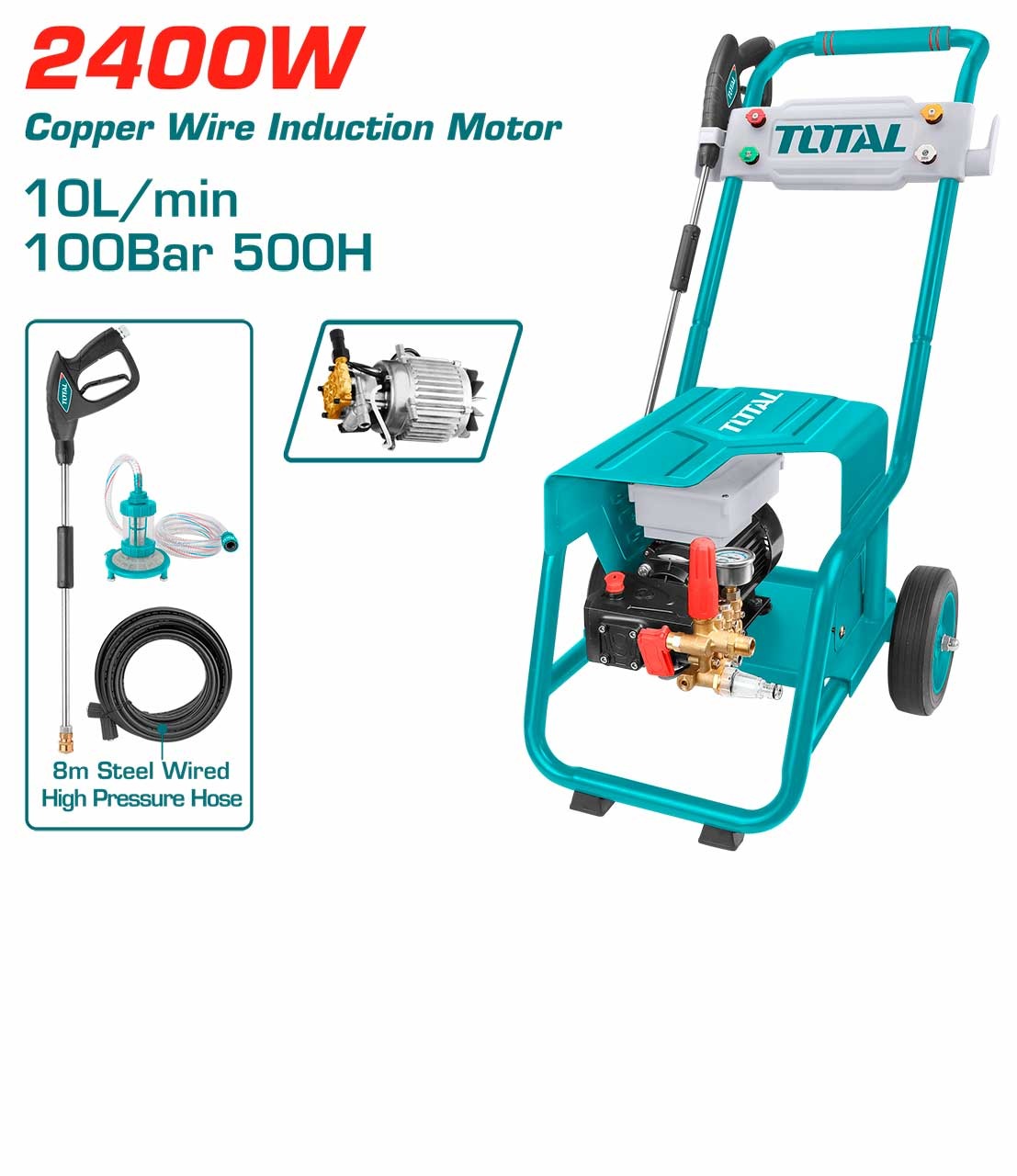 TOTAL TGT11176 High Pressure Washer | 2400W | 100 Bar | 10.0 L/min | Copper Wire Induction Motor | Commercial use | Model: TGT11176