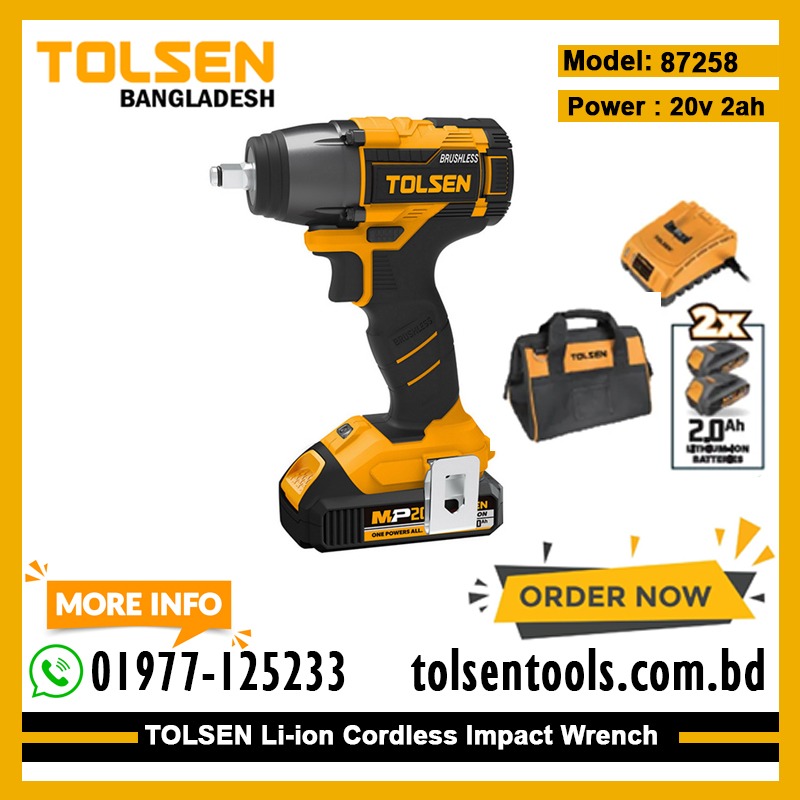 TOLSEN 87258 20V Li-ion Brushless Cordless Impact Wrench with Battery and Charger (Industrial); Model 87258_img_1