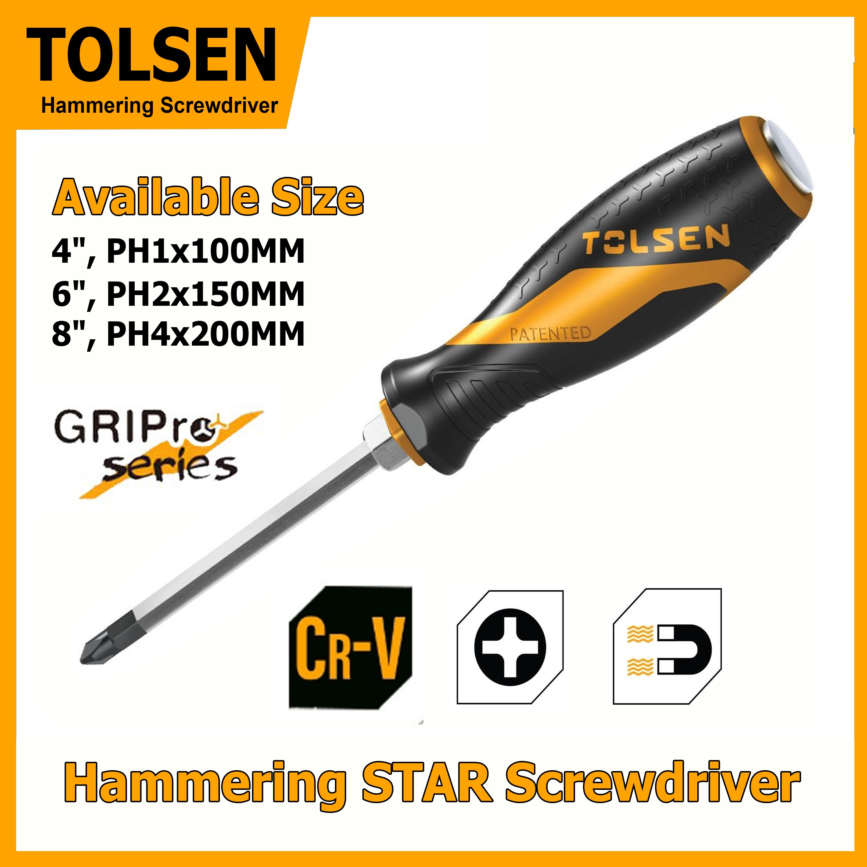 TOLSEN Hammering Screwdriver (Go-Through) Star Sizes 4", 6", 8" | Phillips | Cr-V Steel | Magnetic Tip | Models: 20122 | 20125 | 20129