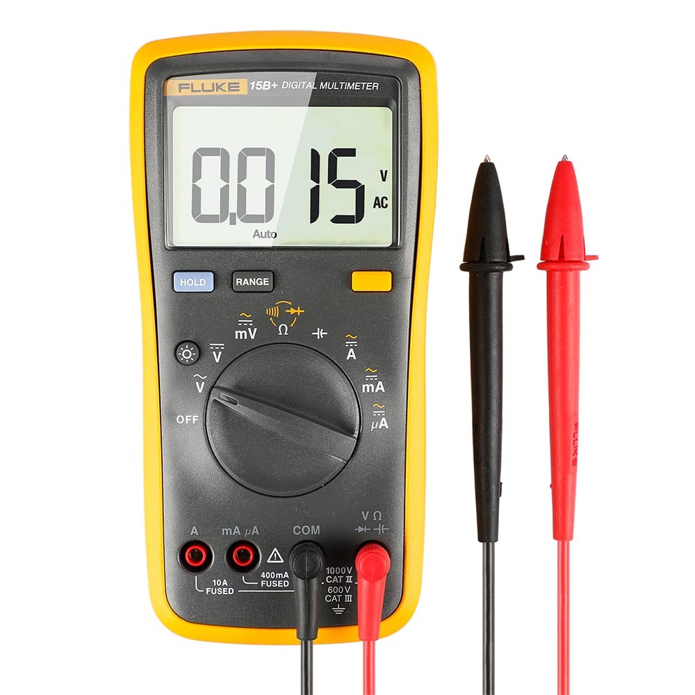 FLUKE 15B+ Digital Multimeter | AC/DC Voltage up to 1000V & 10A | CAT III 600V | Measures Resistance, Continuity, Diode, Capacitance | Backlit Display | Model: 15B+_img_3