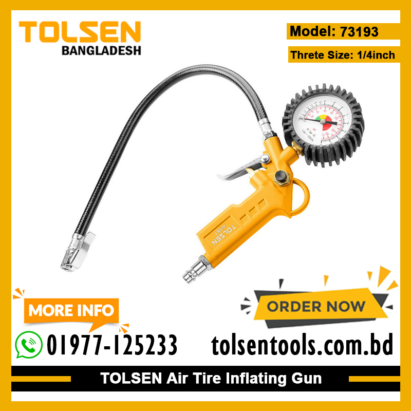 TOLSEN 73193 Air Tire Inflating Gun | Clip-On Connector | 40cm Length | Dual Scale Gauge (0-12 bar / 0-170 psi) | CE Approved | Model: 73193_img_1